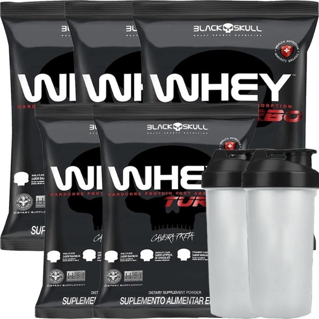 Kit Black Skull: 5x Turbo Whey Protein Nutri Conc Caveira Preta - Baunilha - 900g + 2x Coqueteleira - Foto 1