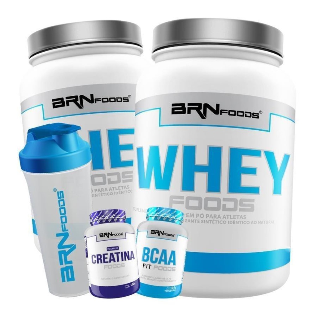 Kit 2x Whey Foods Morango + Chocolate 900g + BCAA Fit 100g + Premium Creatina 100g + Coqueteleira