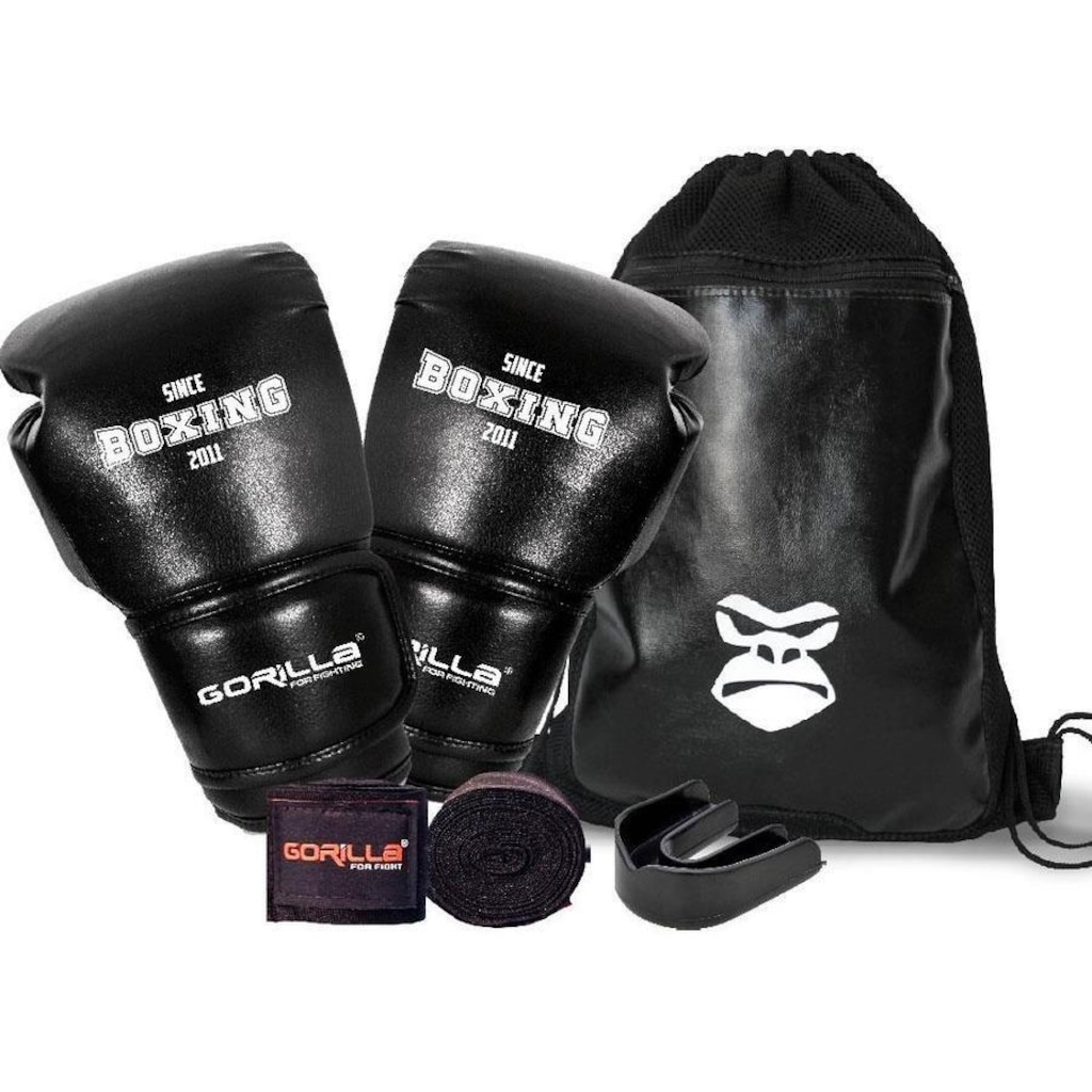 Kit de Luta Gorilla: Luva 12oz + Bandagem + Protetor Bucal+ Sacochilas