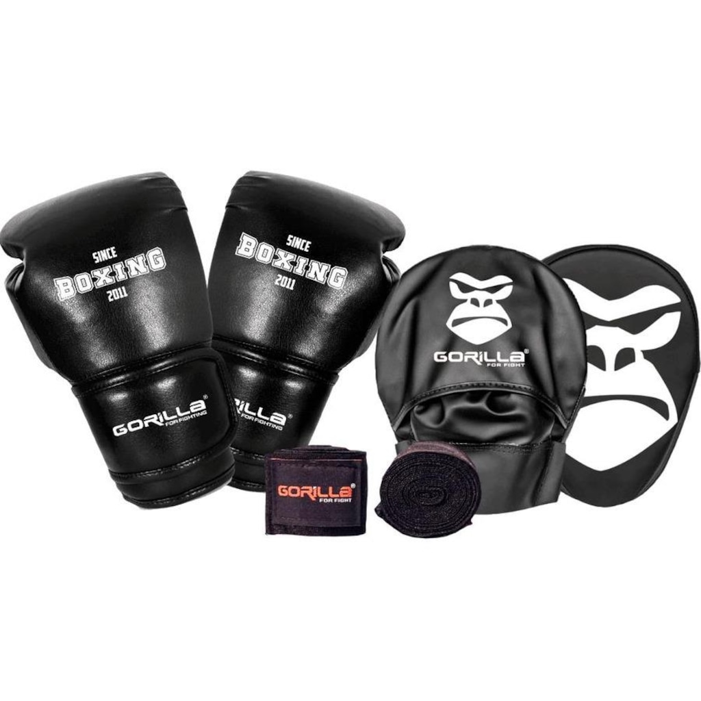 Luva De Boxe 12 Oz Muay Thai Adulto + Bandagem 3 Metros + Manopla Aparador De Foco Soco Gorilla