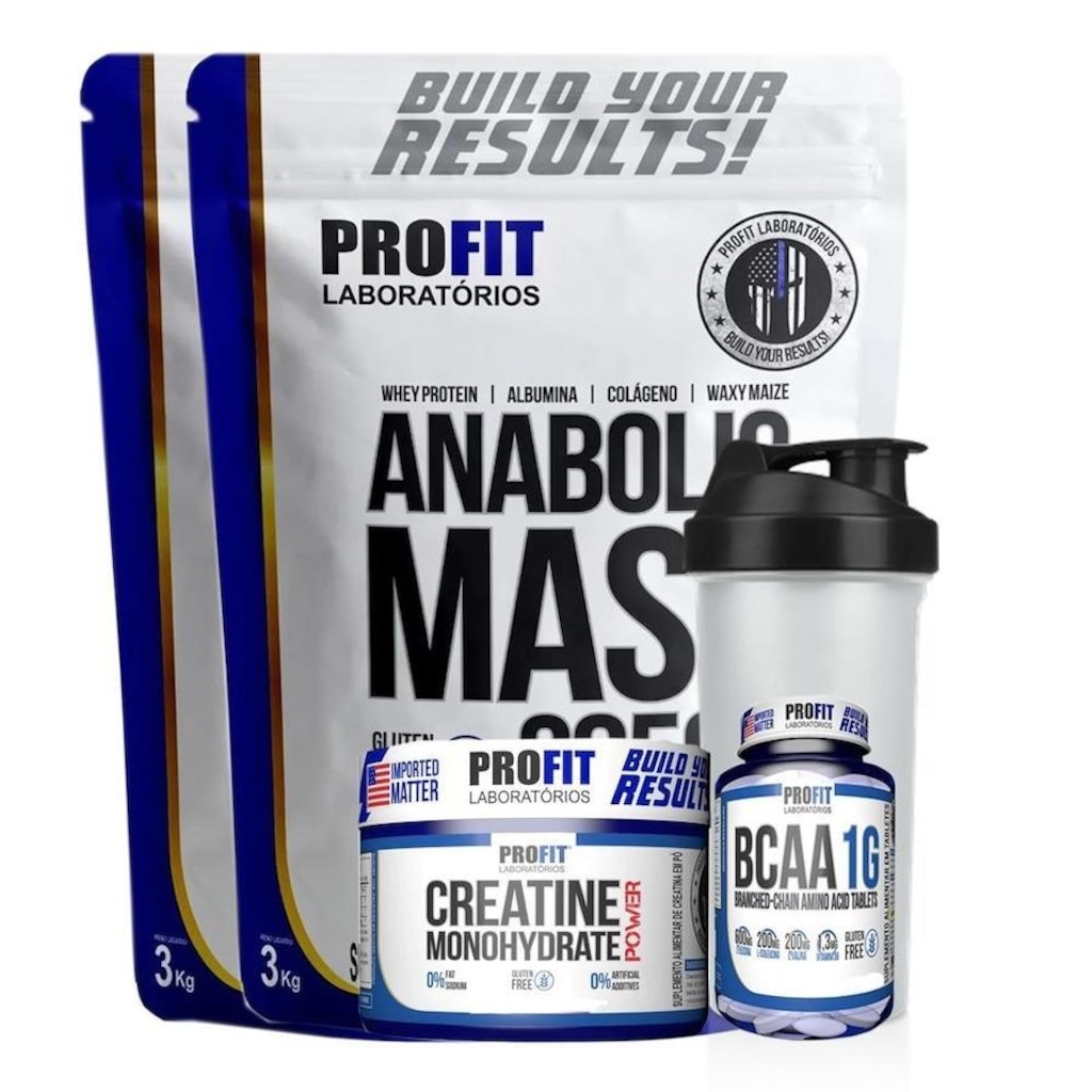 Kit Profit: 2x Hipercalorico Anabolic Mass 28500 Baunilha 3kg + Creatina + Bcaa + Coqueteleira - Profit - Foto 1