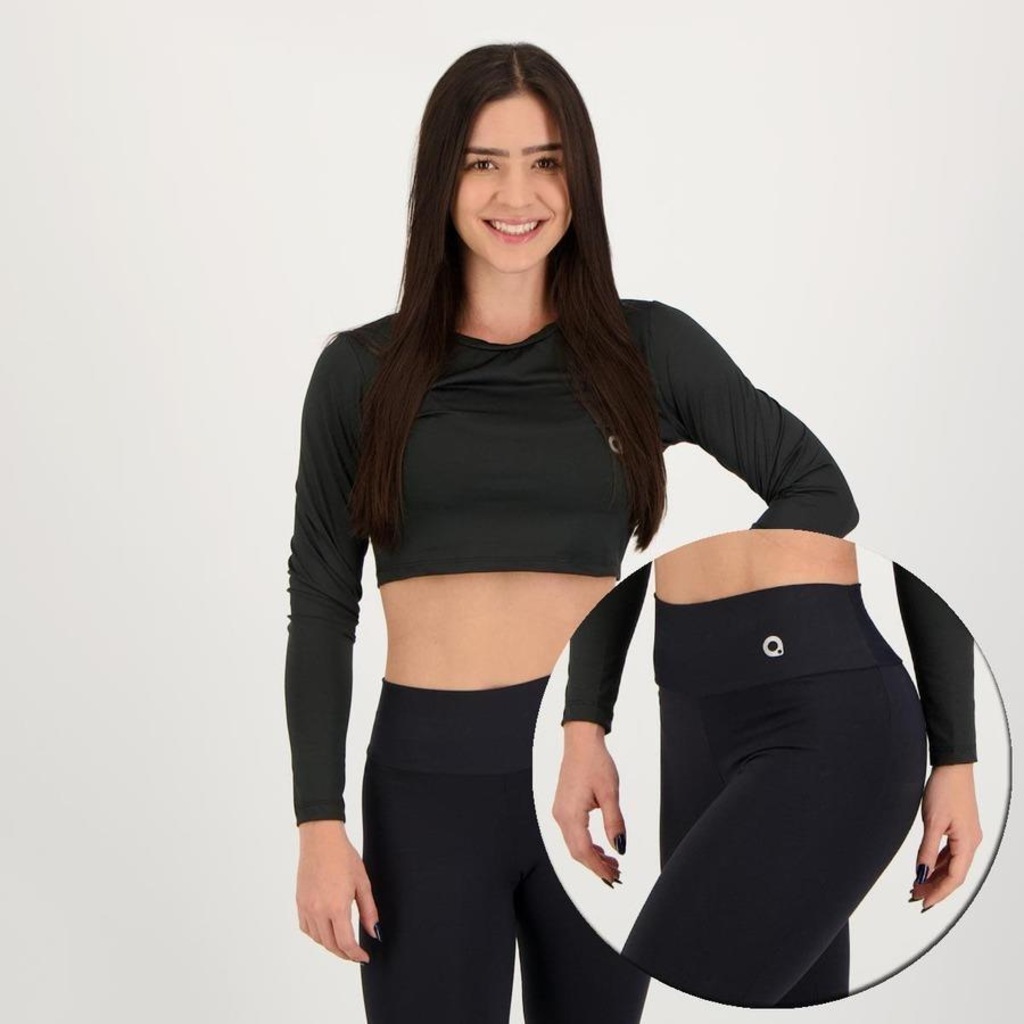 Conjunto Area Blusa Cropped Manga Longa + Calça Legging - Feminino - Foto 1