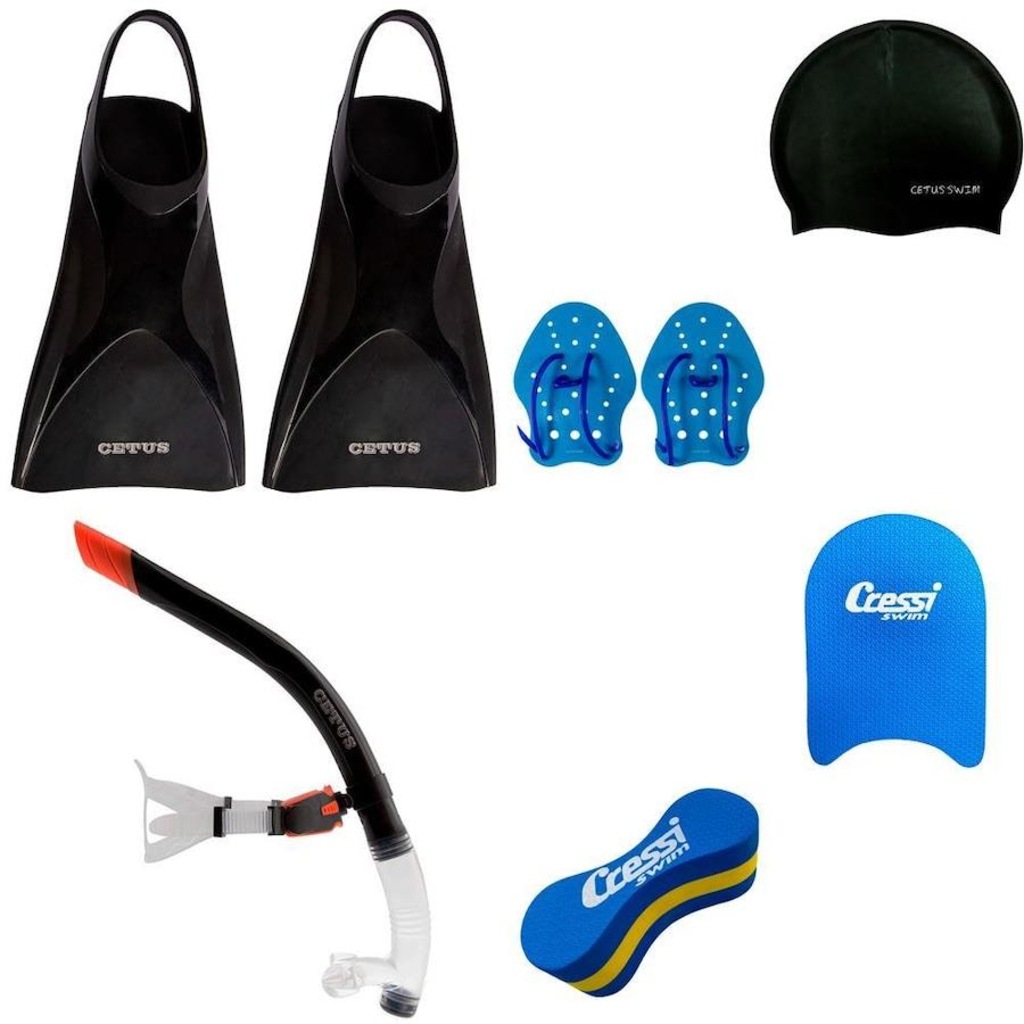 Kit de Natação Cressi e Cetus: Nadadeira + Snorkel + Palmar + Prancha + Pullbouy - Adulto - Foto 1