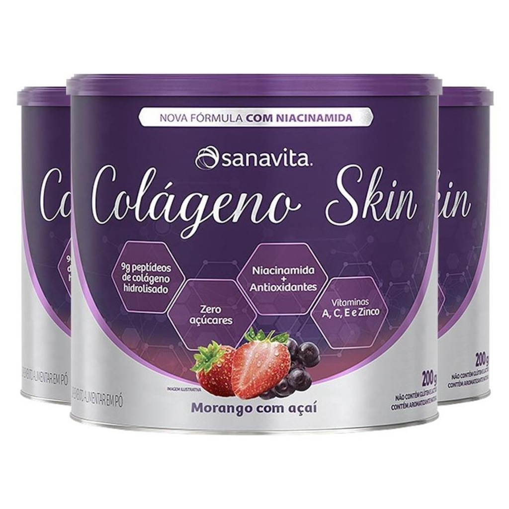 Kit Colágeno Skin Niacinamida Sanavita Morango e Açaí 200g - 3 unidades - Foto 1