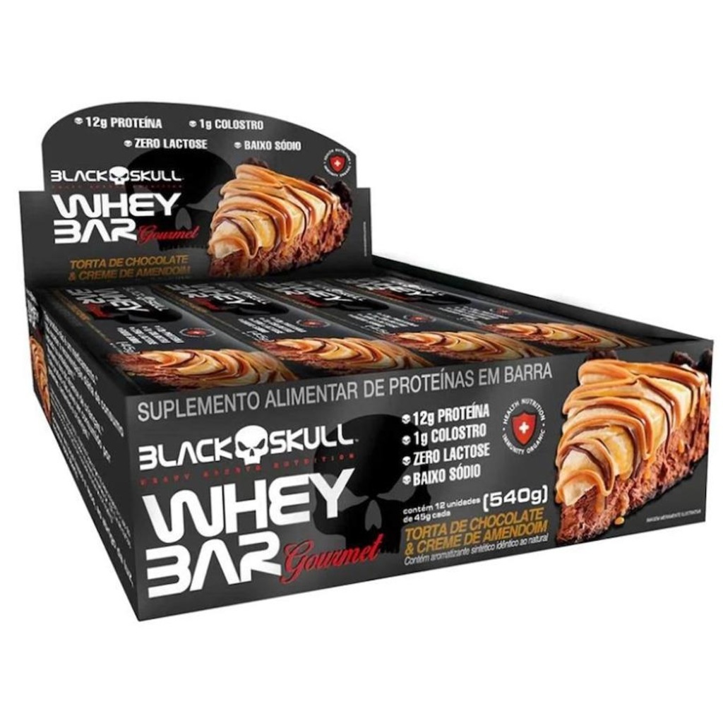 Barra de Proteina Black Skull Whey Bar Gourmet Zero Lactose Colostro - Chocolate com Amendoim - 12 unidades - 45g - Foto 1