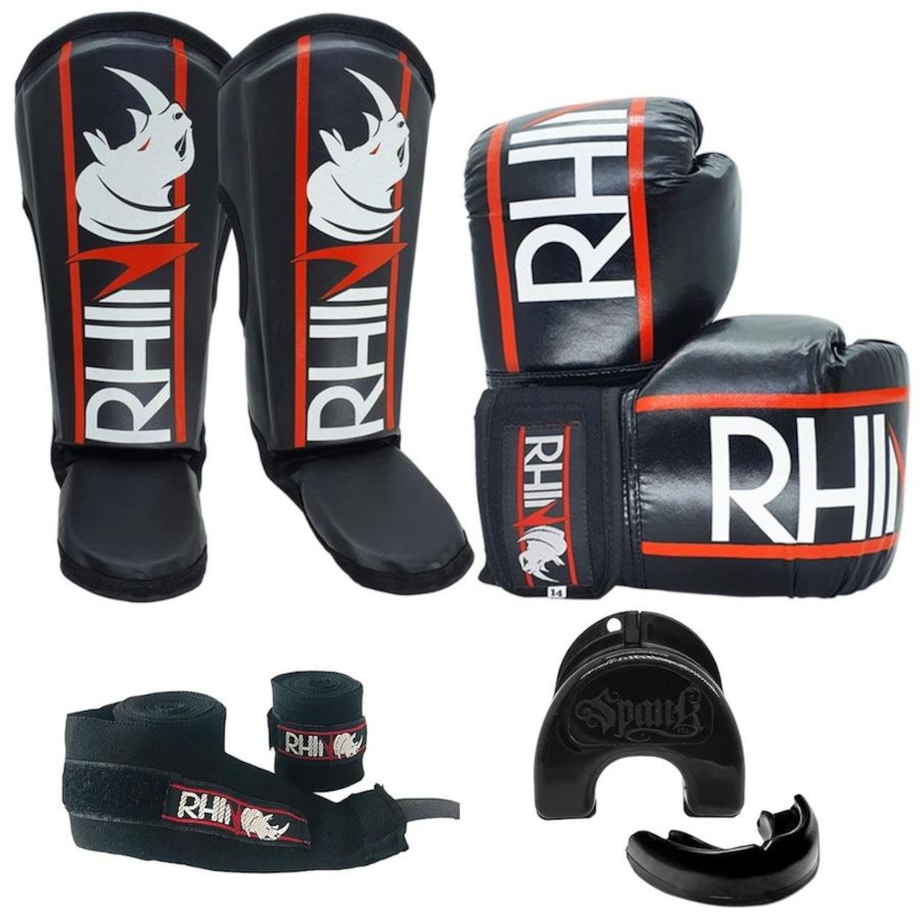 Kit de Treino Muaythai Rhino com Luva + Caneleira + Bandagem + Bucal - Adulto