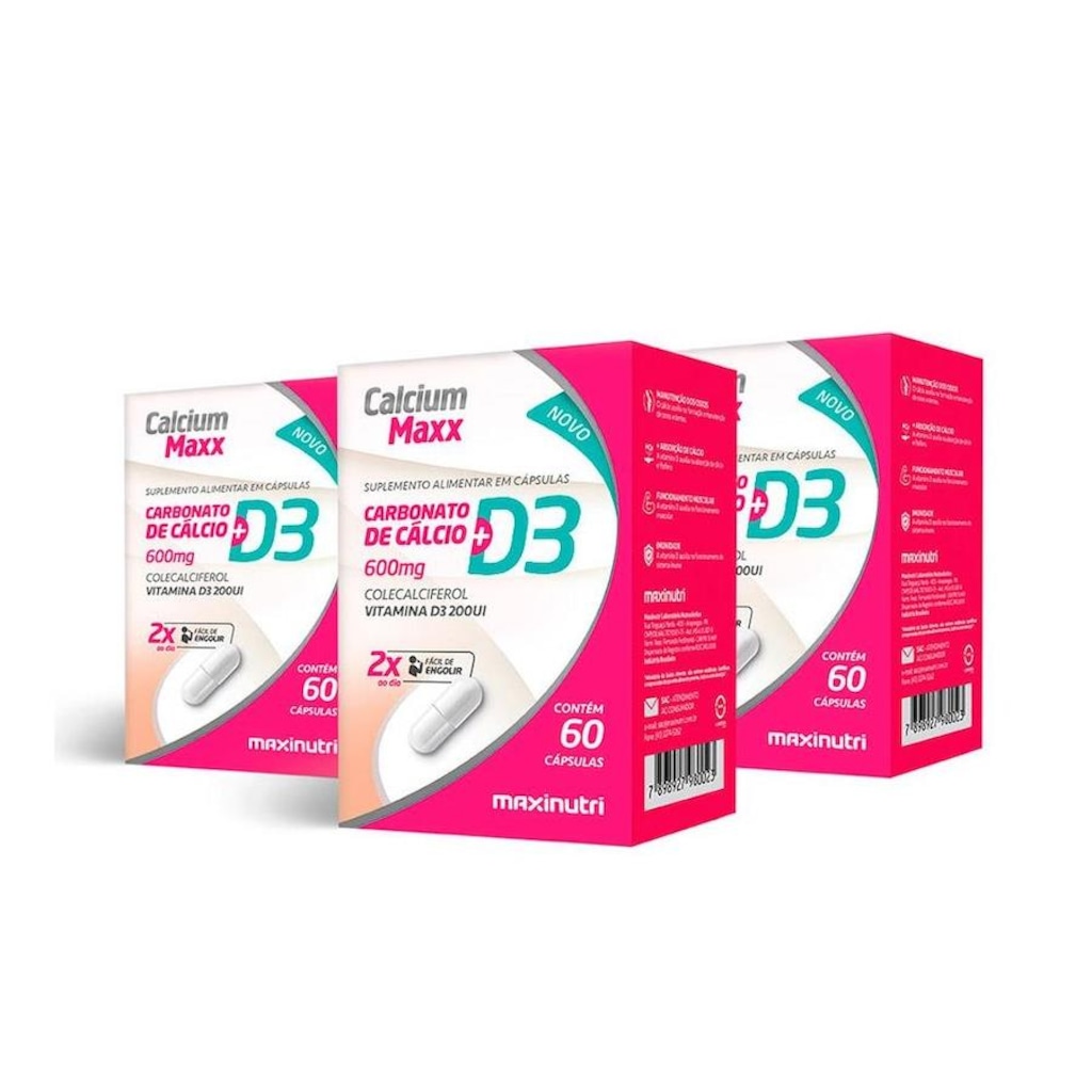 Kit Calcium Maxx Calcio D3 600mg Maxinutri - 60 Caps - 3 Unds - Foto 1
