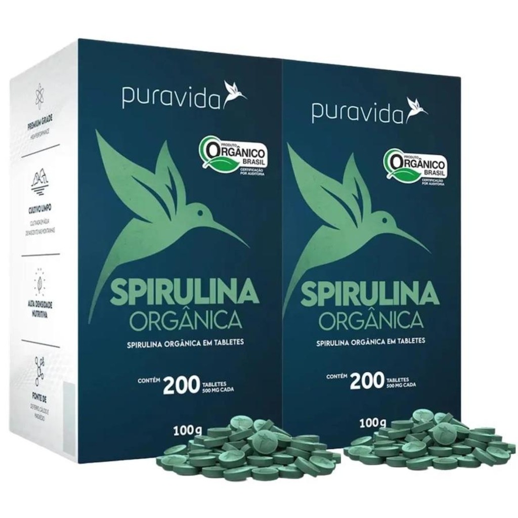 Kit Spirulina Premium Orgânica Puravida - 200 Tabletes - 2 Unds - Foto 1