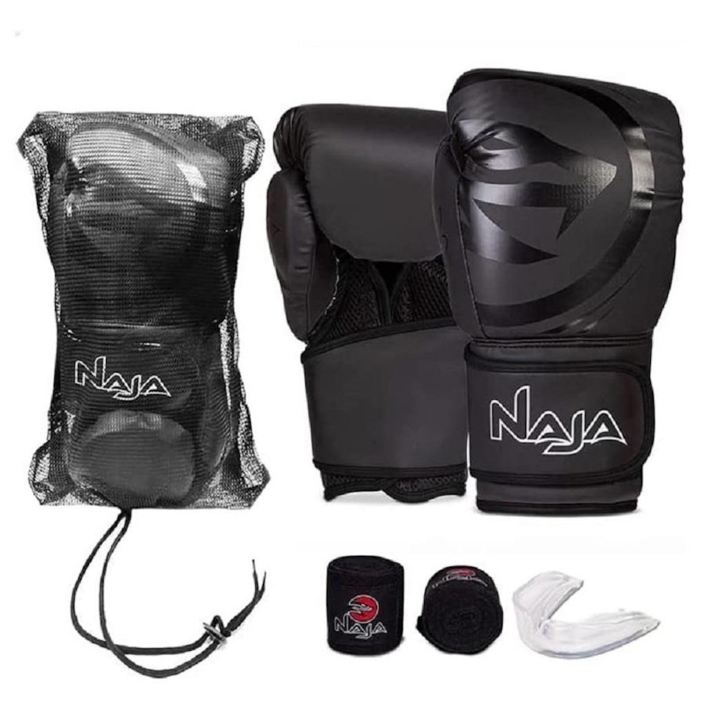 Kit de Boxe Naja: Bandagem + Protetor Bucal + Luvas de Boxe Black - 10 OZ - Adulto