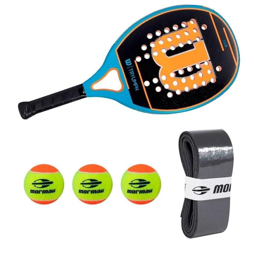Kit Raquete Beach Tennis Wilson Tryumph 44 Furos + 3 Bolas ITF + Overgrip Mormaii Premium - Adulto - Foto 1