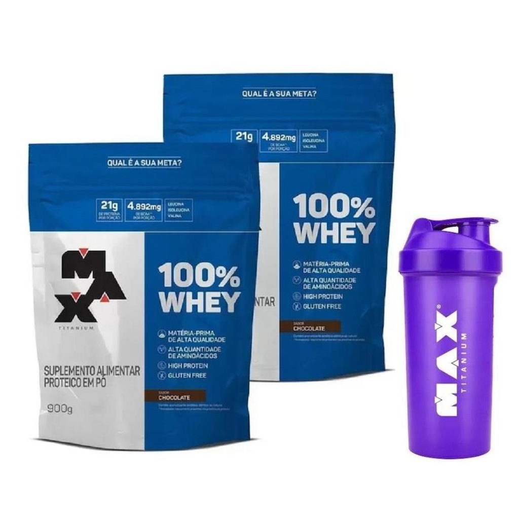 Kit 100% Whey Protein Refil - Chocolate - 900g - 2 unidades + Coqueteleira Max Titanium - 700ml - Foto 1