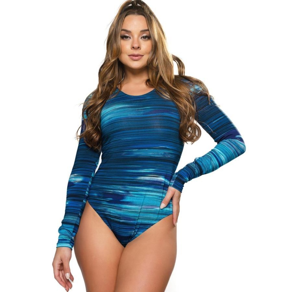 Body MVB Modas Manga Longa Estampado Costa Fechada Collant - Feminino