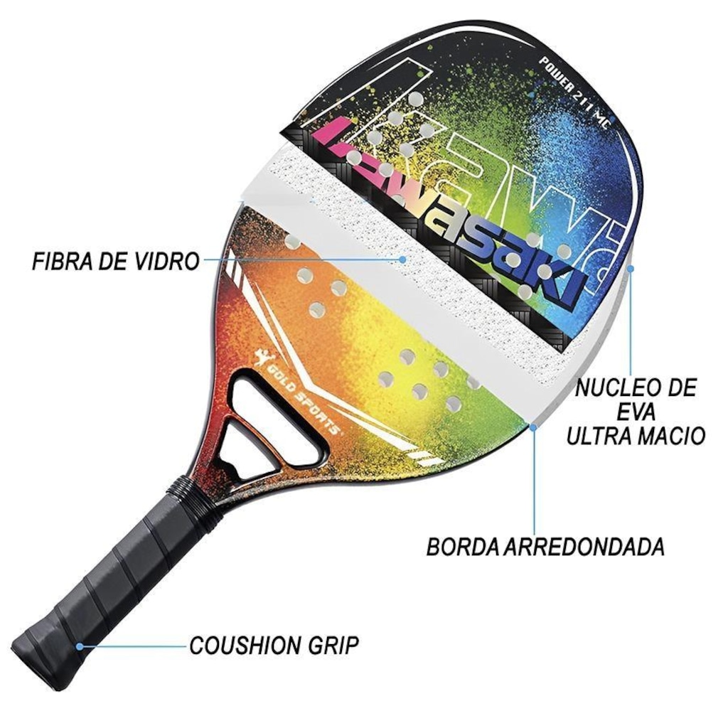 Imagem 2 do produto Raquete Beach Tennis Gold Sports Power 211MC Kawasaki Carbon - 2 Overgrip e Capa