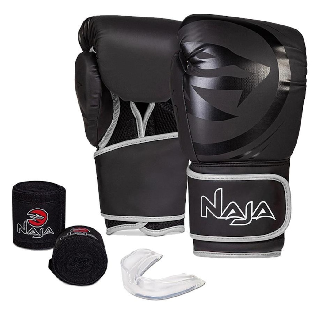 Kit Muay Thai Naja: Luvas Black Line + Bandagem + Bucal - Adulto