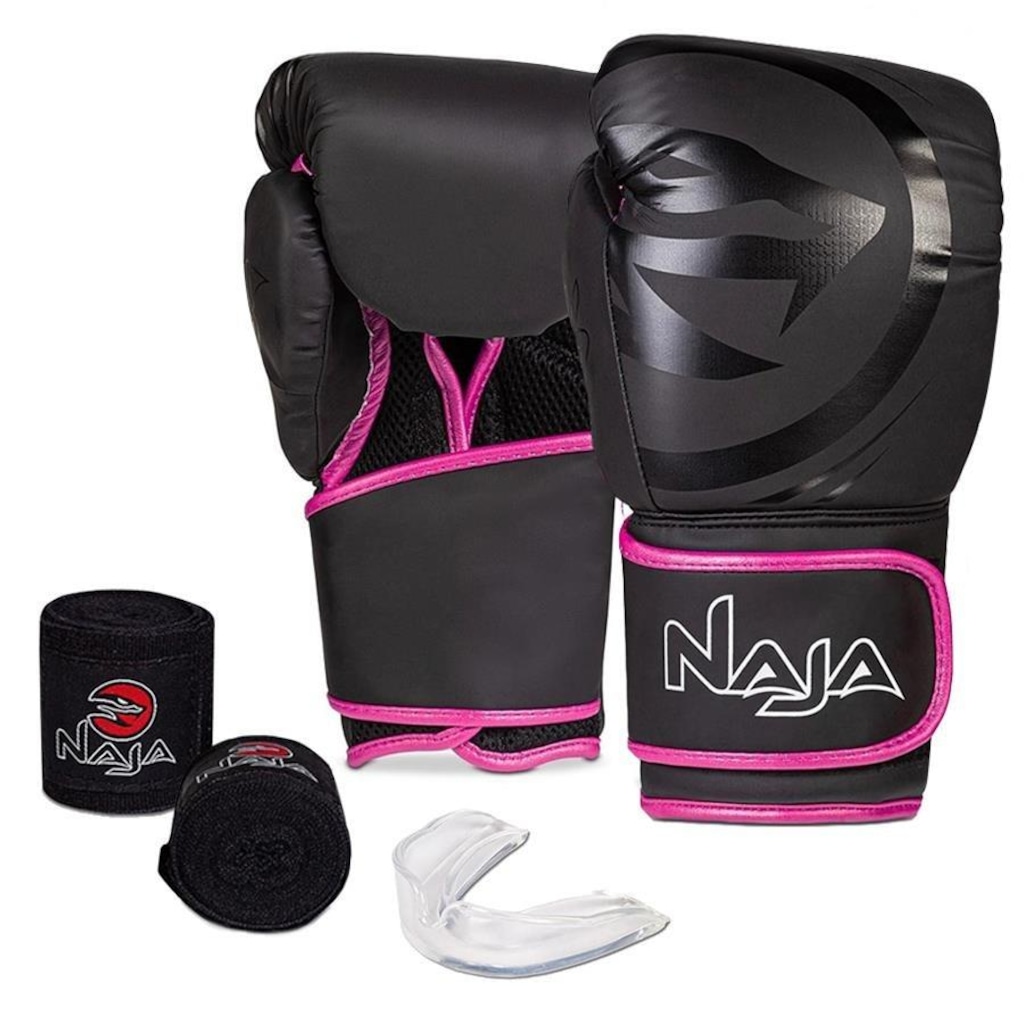 Kit Muay Thai Naja: Luvas Black Line + Bandagem + Bucal - Adulto