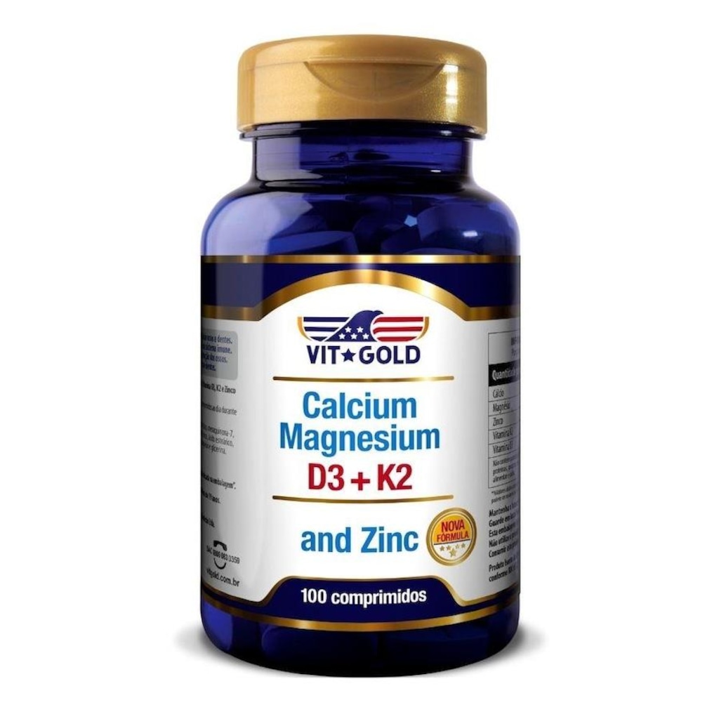 Cálcio Magnésio Zinco com Vitamina D3 e K2 Vitgold - 100 Comprimidos - Foto 1