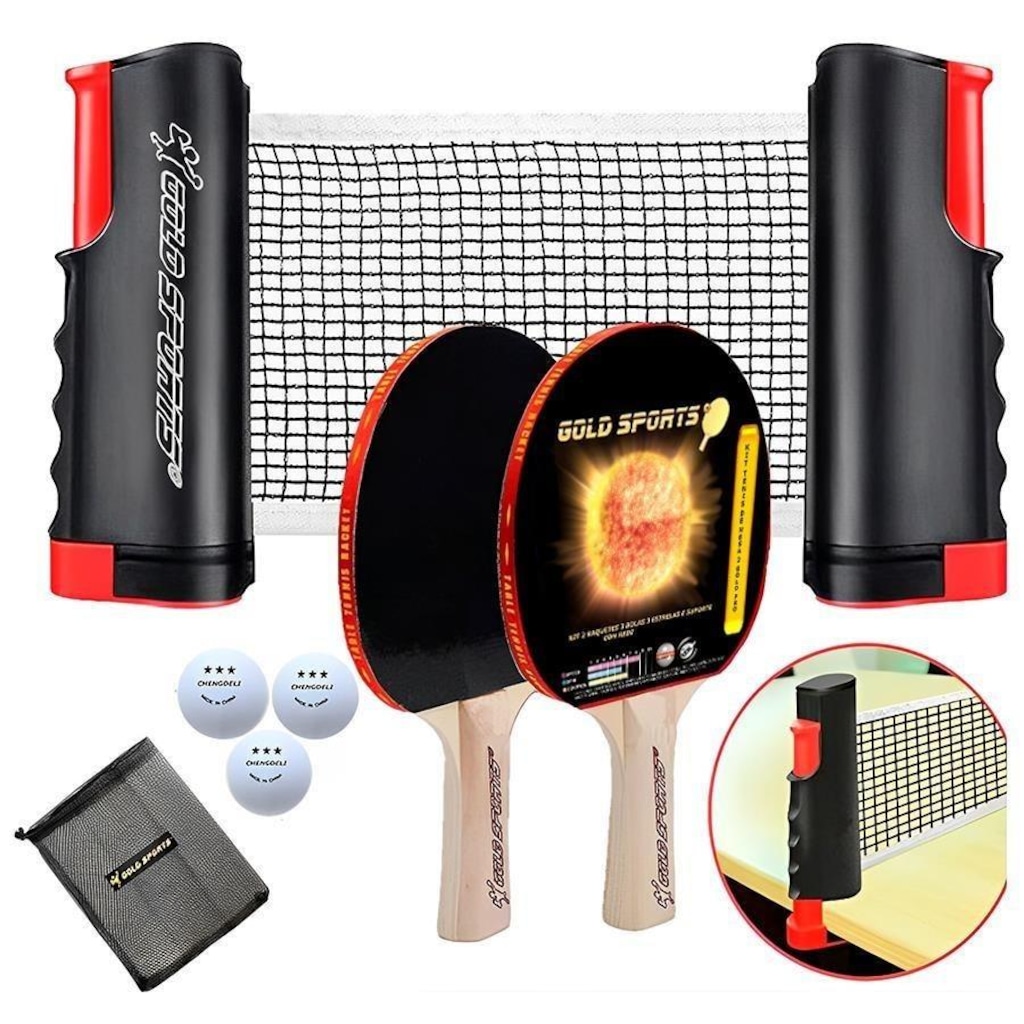 Kit Tênis de Mesa Gold Sports Gold Pro: 2 Raquetes + 3 Bolas 3 Estrelas + Suporte com Rede Retrátil