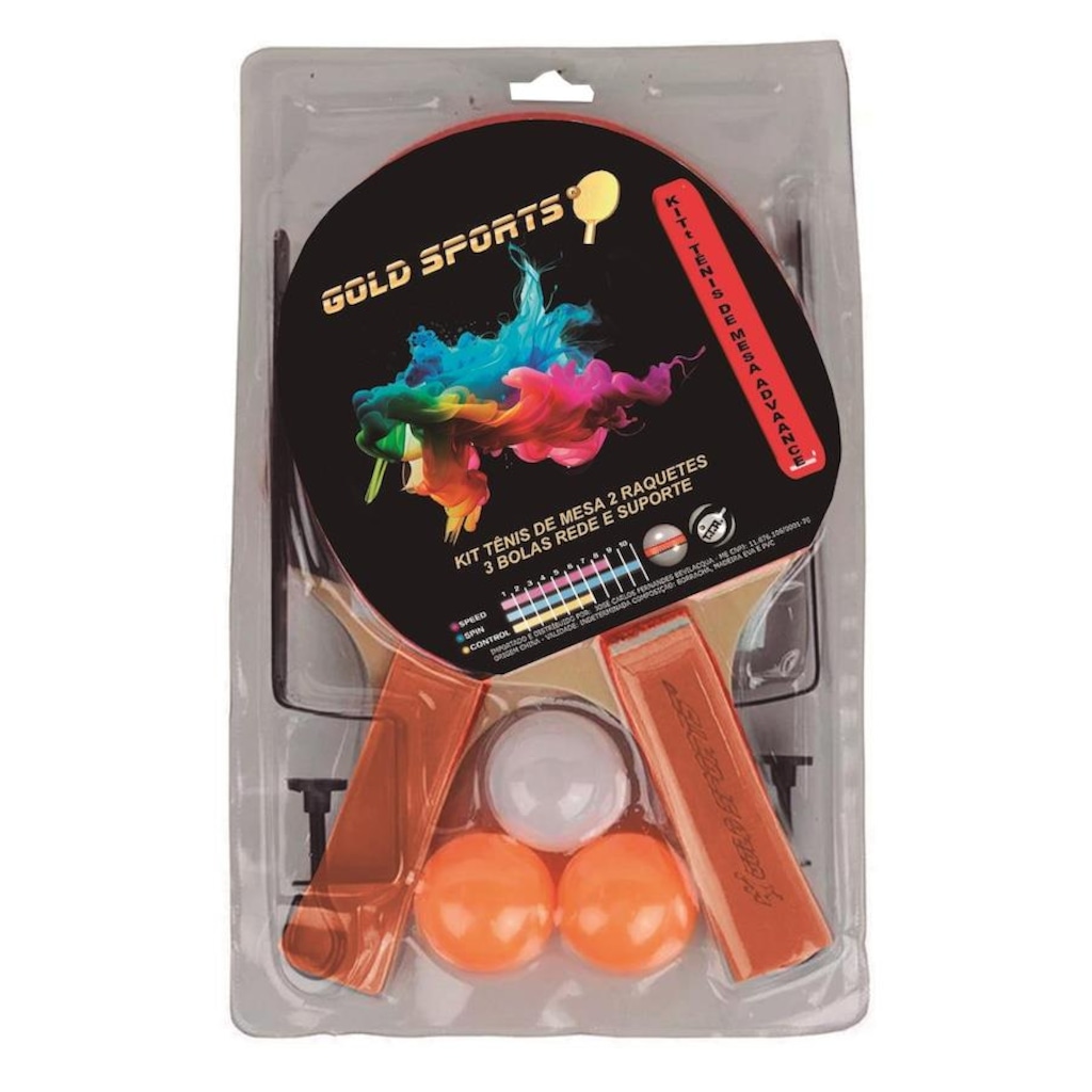 Kit Tênis de Mesa Gold Sports Advance : 2 Raquetes + 3 Bolas + Rede +Suporte