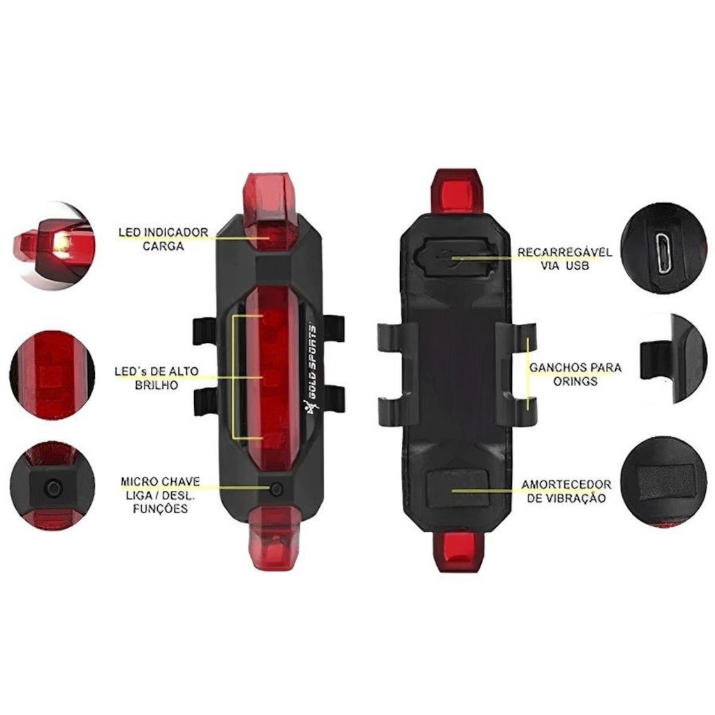 Imagem 2 do produto Lanterna de Bike Gold Sports Traseira Led Clear Vision 4 Modos de Funções Cabo Usb Recarregável