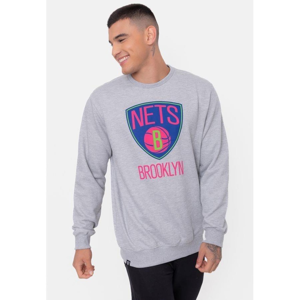 Imagem 2 do produto Blusão De Moletom NBA Neon Colors Brooklyn Nets Cinza Mescla - Masculina