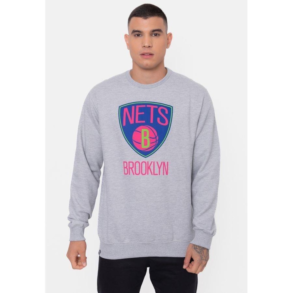 Blusão De Moletom NBA Neon Colors Brooklyn Nets Cinza Mescla - Masculina