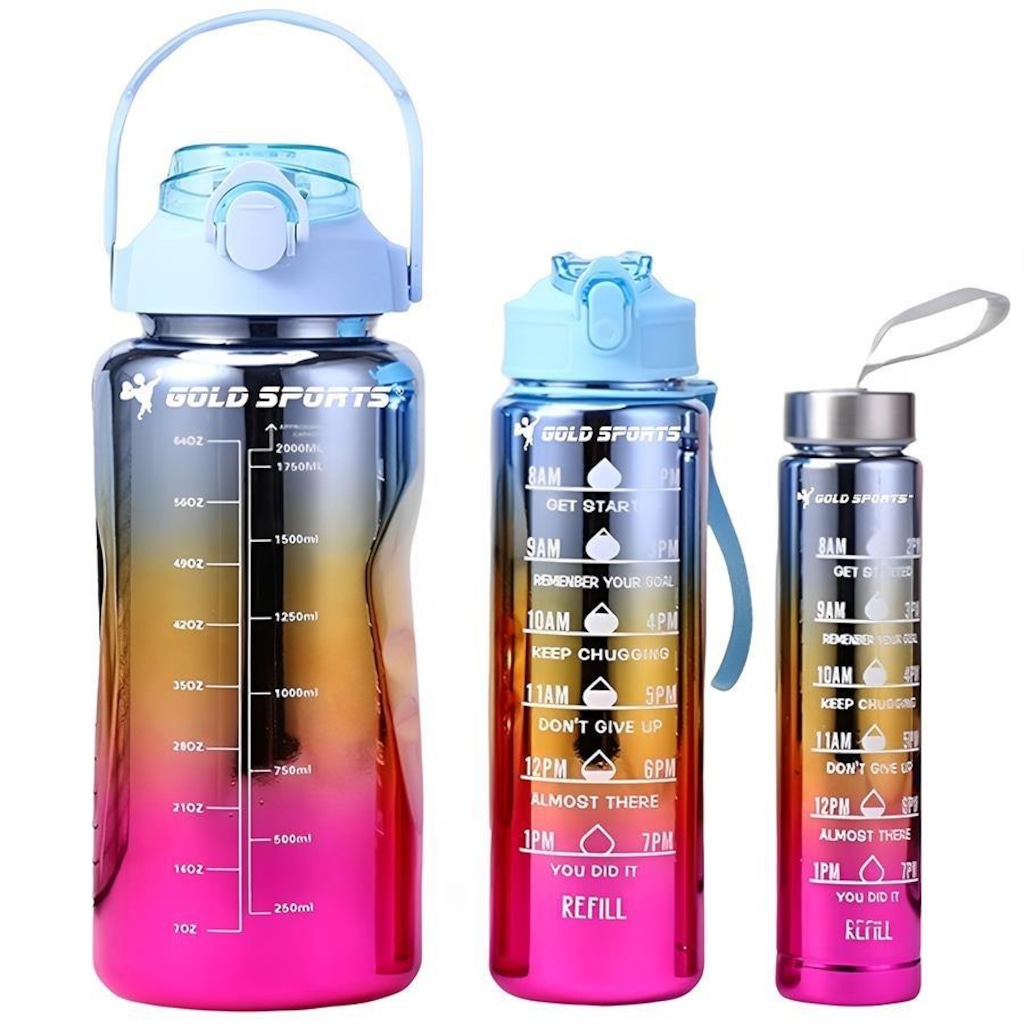 Imagem 2 do produto Kit 3 Garrafas Squeeze Plástica Gold Sports Degrade Adesivos Bpa-Free 2 Lts, 800ml e 280ml