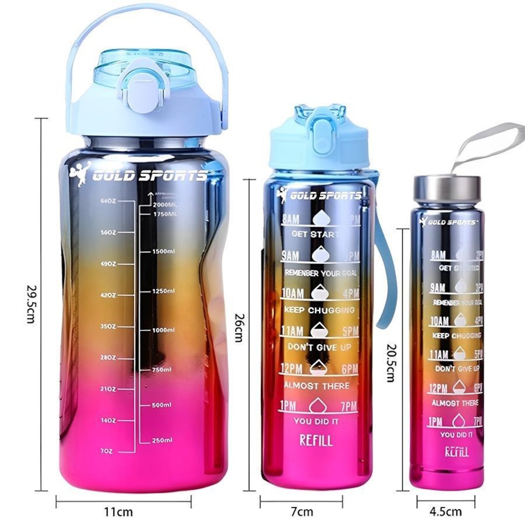 Imagem 3 do produto Kit 3 Garrafas Squeeze Plástica Gold Sports Degrade Adesivos Bpa-Free 2 Lts, 800ml e 280ml