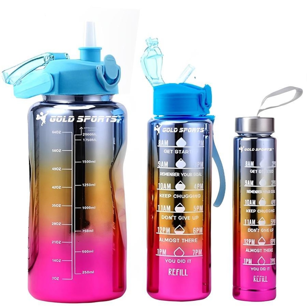Imagem 4 do produto Kit 3 Garrafas Squeeze Plástica Gold Sports Degrade Adesivos Bpa-Free 2 Lts, 800ml e 280ml