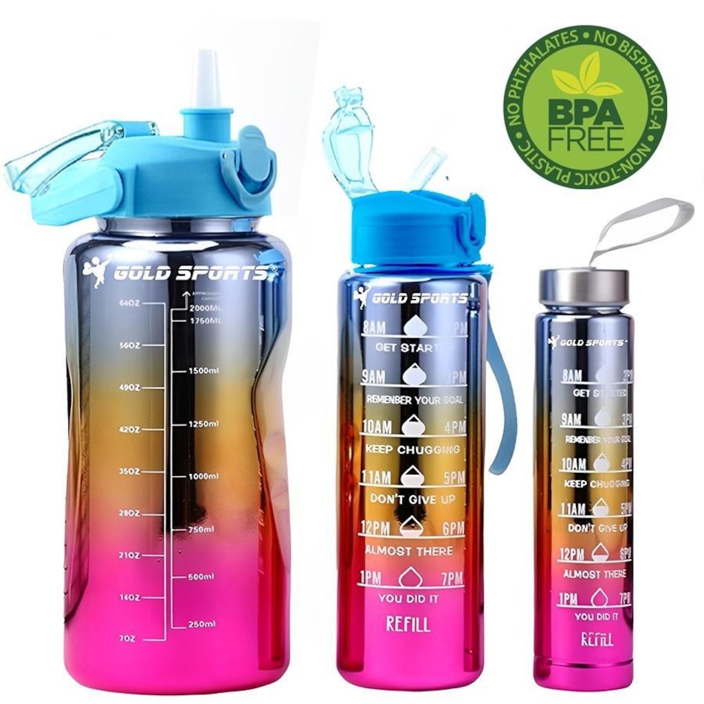 Kit 3 Garrafas Squeeze Plástica Gold Sports Degrade Adesivos Bpa-Free 2 Lts, 800ml e 280ml