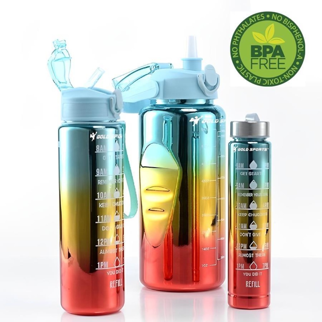 Imagem 2 do produto Kit 3 Garrafas Squeeze Plástica Gold Sports Degrade Adesivos Bpa-Free 2 Lts, 800ml e 280ml