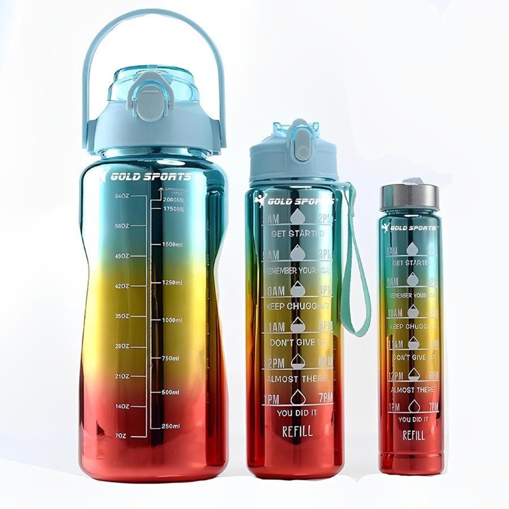 Imagem 3 do produto Kit 3 Garrafas Squeeze Plástica Gold Sports Degrade Adesivos Bpa-Free 2 Lts, 800ml e 280ml