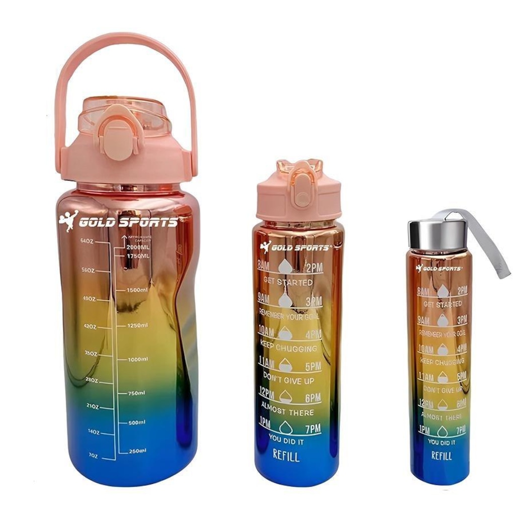 Imagem 2 do produto Kit 3 Garrafas Squeeze Plástica Gold Sports Degrade Adesivos Bpa-Free 2 Lts, 800ml e 280ml