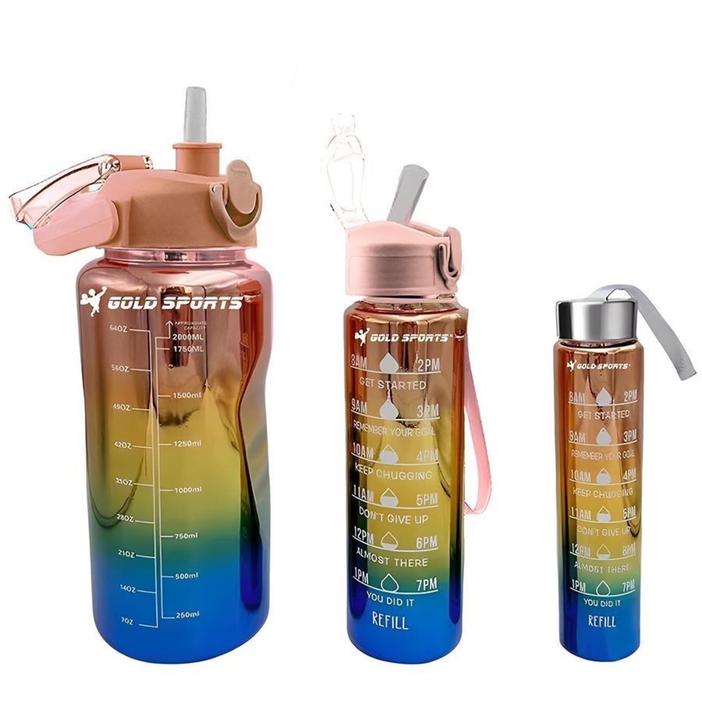 Imagem 4 do produto Kit 3 Garrafas Squeeze Plástica Gold Sports Degrade Adesivos Bpa-Free 2 Lts, 800ml e 280ml