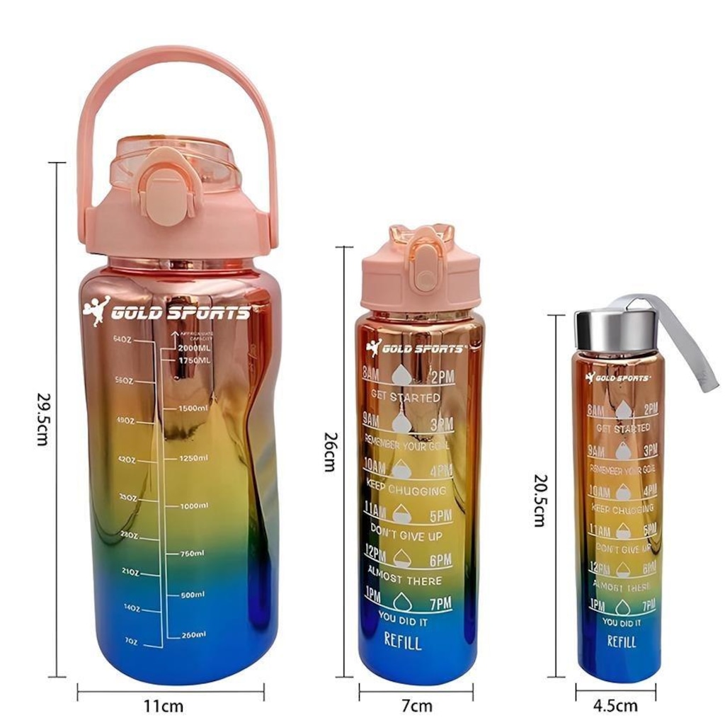 Kit 3 Garrafas Squeeze Plástica Gold Sports Degrade Adesivos Bpa-Free 2 Lts, 800ml e 280ml