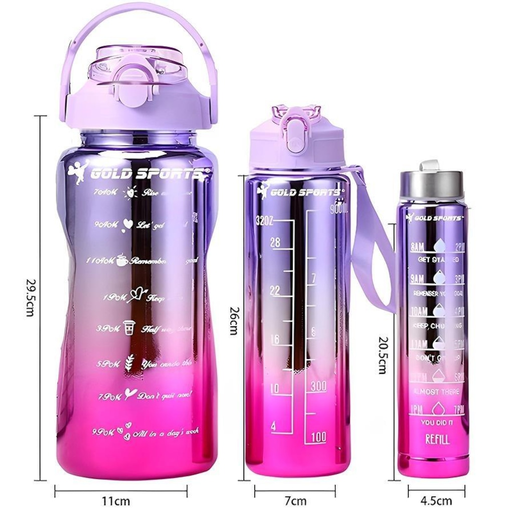 Imagem 2 do produto Kit 3 Garrafas Squeeze Plástica Gold Sports Degrade Adesivos Bpa-Free 2 Lts, 800ml e 280ml