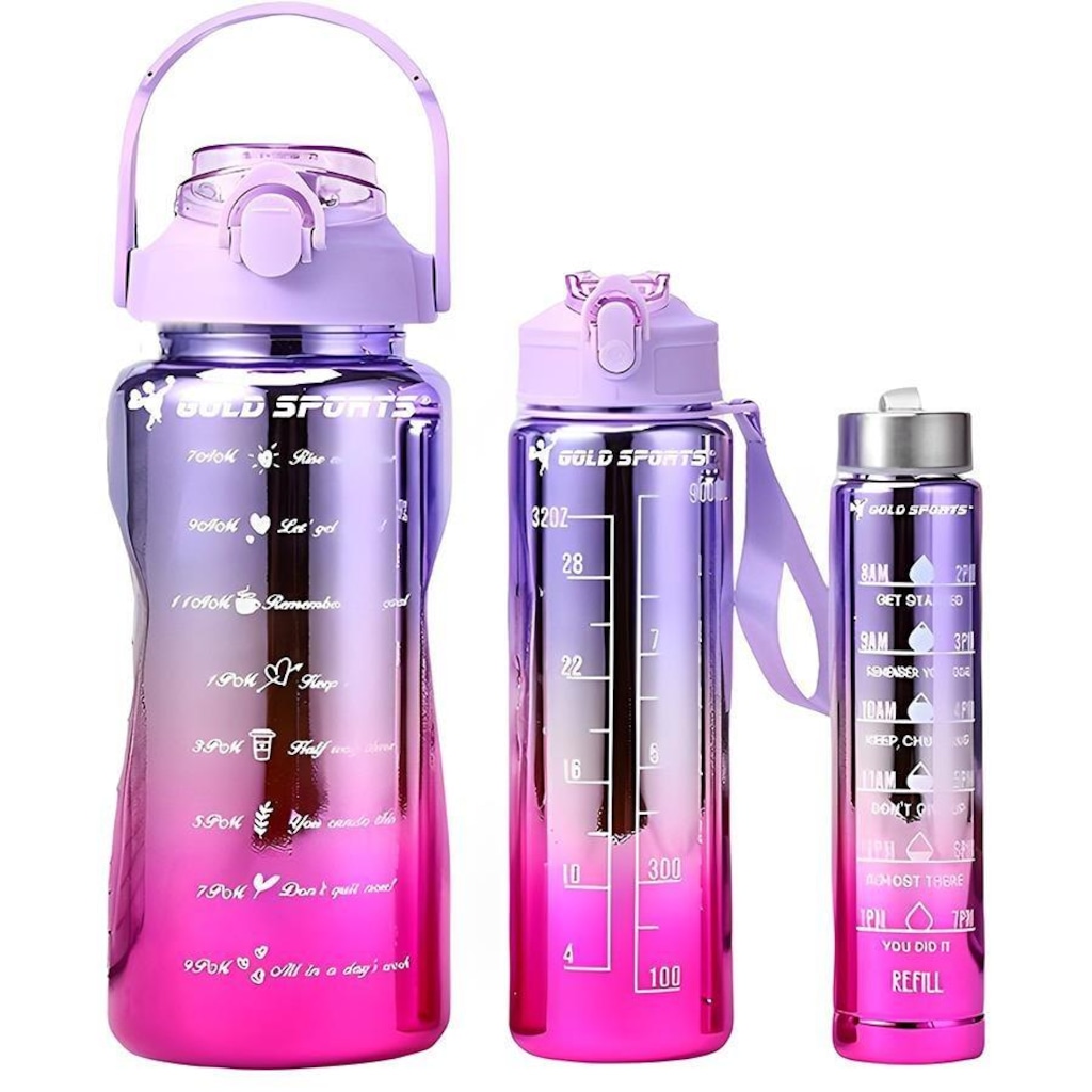 Imagem 3 do produto Kit 3 Garrafas Squeeze Plástica Gold Sports Degrade Adesivos Bpa-Free 2 Lts, 800ml e 280ml