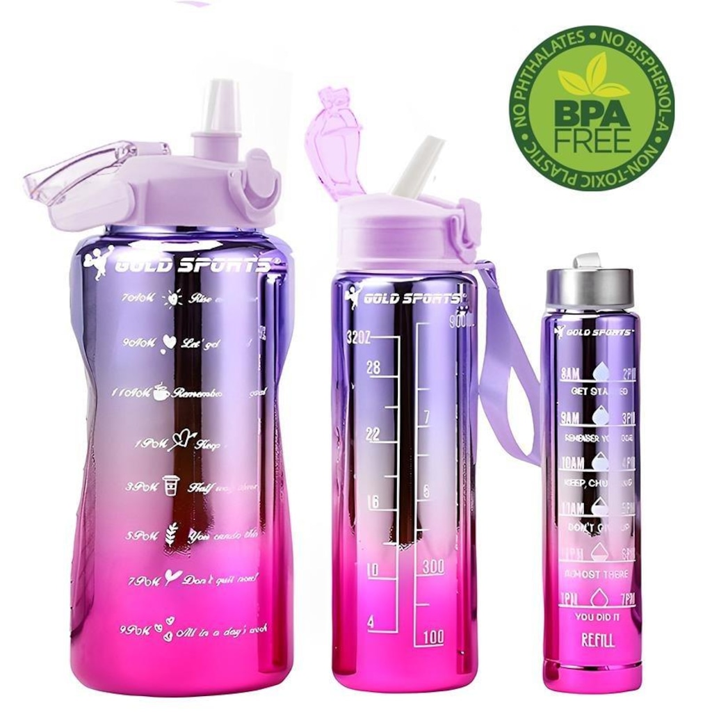 Imagem 4 do produto Kit 3 Garrafas Squeeze Plástica Gold Sports Degrade Adesivos Bpa-Free 2 Lts, 800ml e 280ml