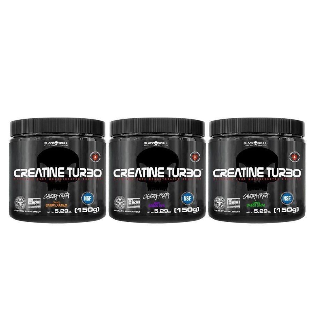 Kit Creatina Turbo Black Skull - Limão, Laranja e Uva - 3 Unidades - 150g