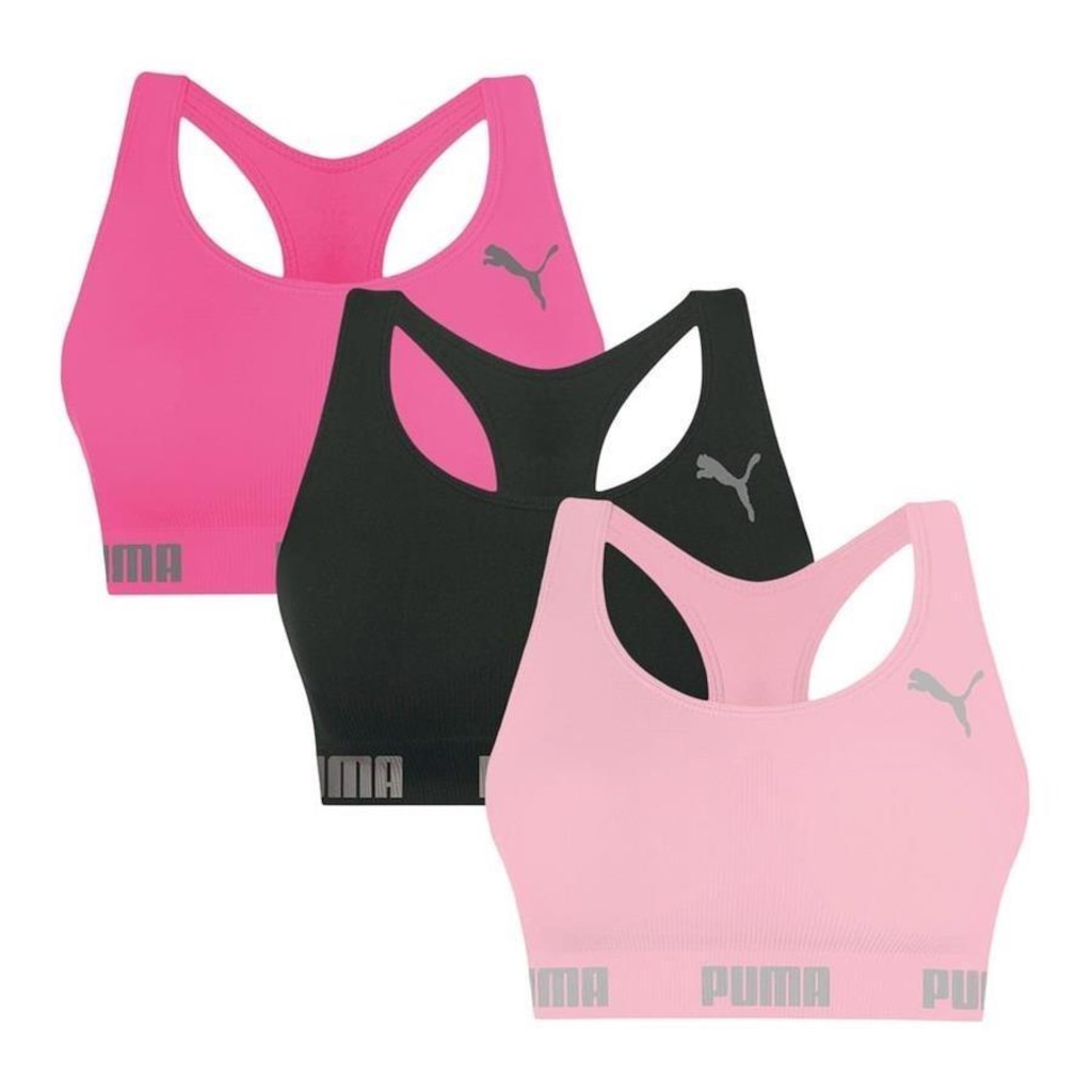 Kit Tops Fitness sem Bojo Puma Nadador sem Costura - 3 Unidades - Feminino