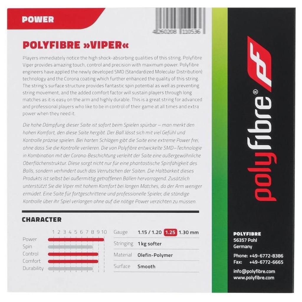 Imagem 3 do produto Corda para Raquete de Tênis Polyfibre Viper 17L 1.25mm Set Individual