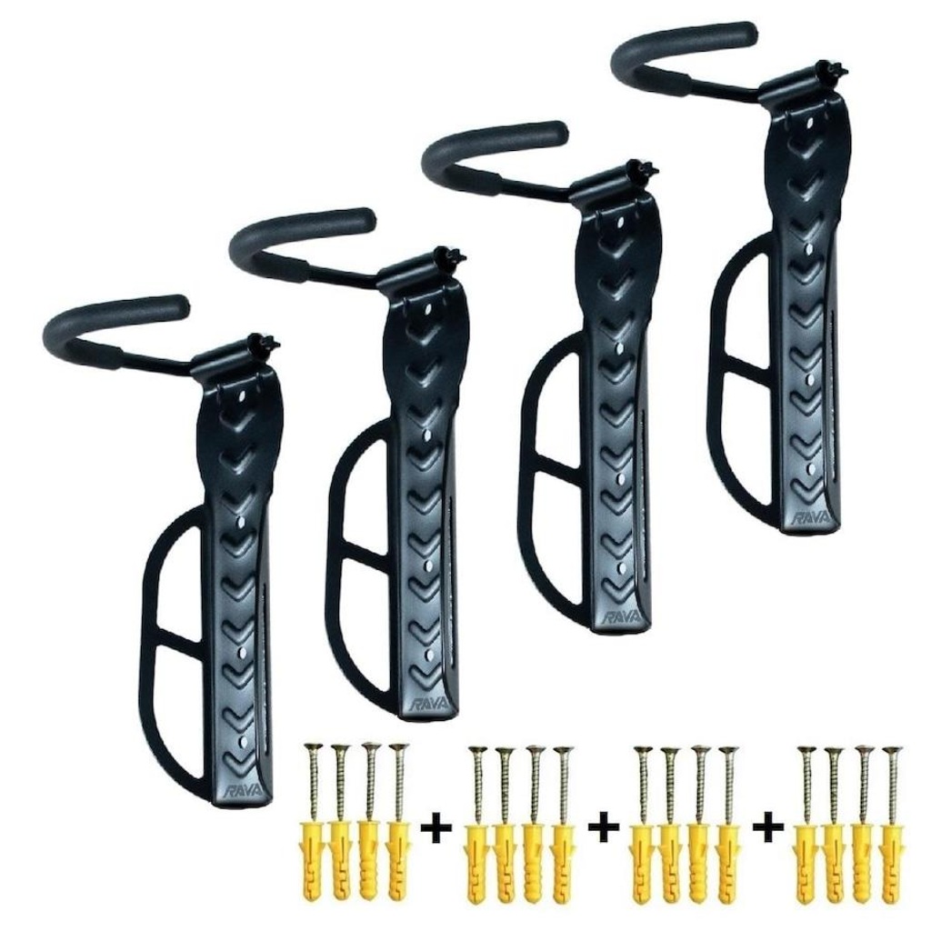 Kit Suportes para Bicicleta de Parede Vertical Rava Gancho Fixo - 4 Unidades