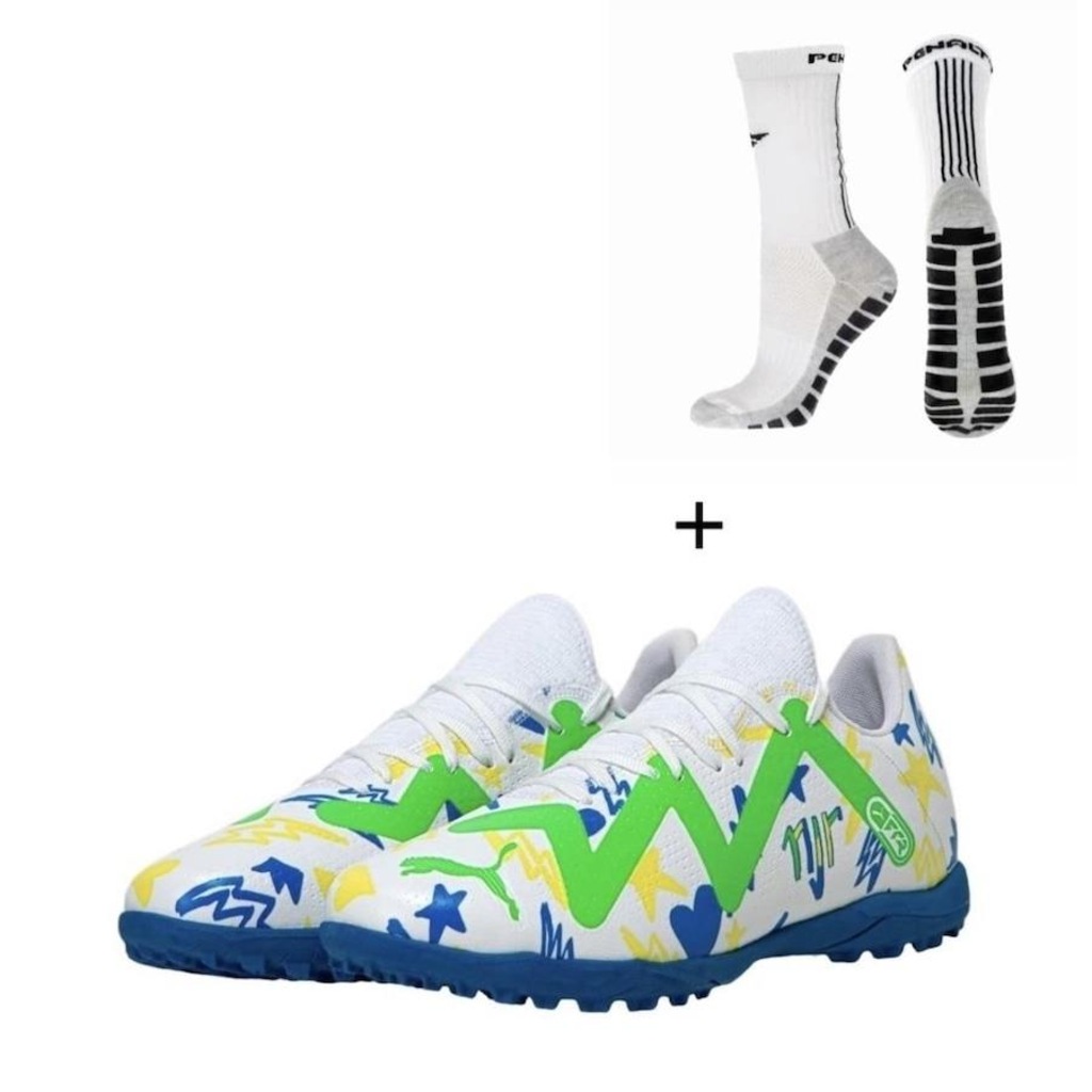 Chuteira Society Puma Neymar Njr Future Play + 1 Par de Meias Antiderrapante - Adulto - Foto 1