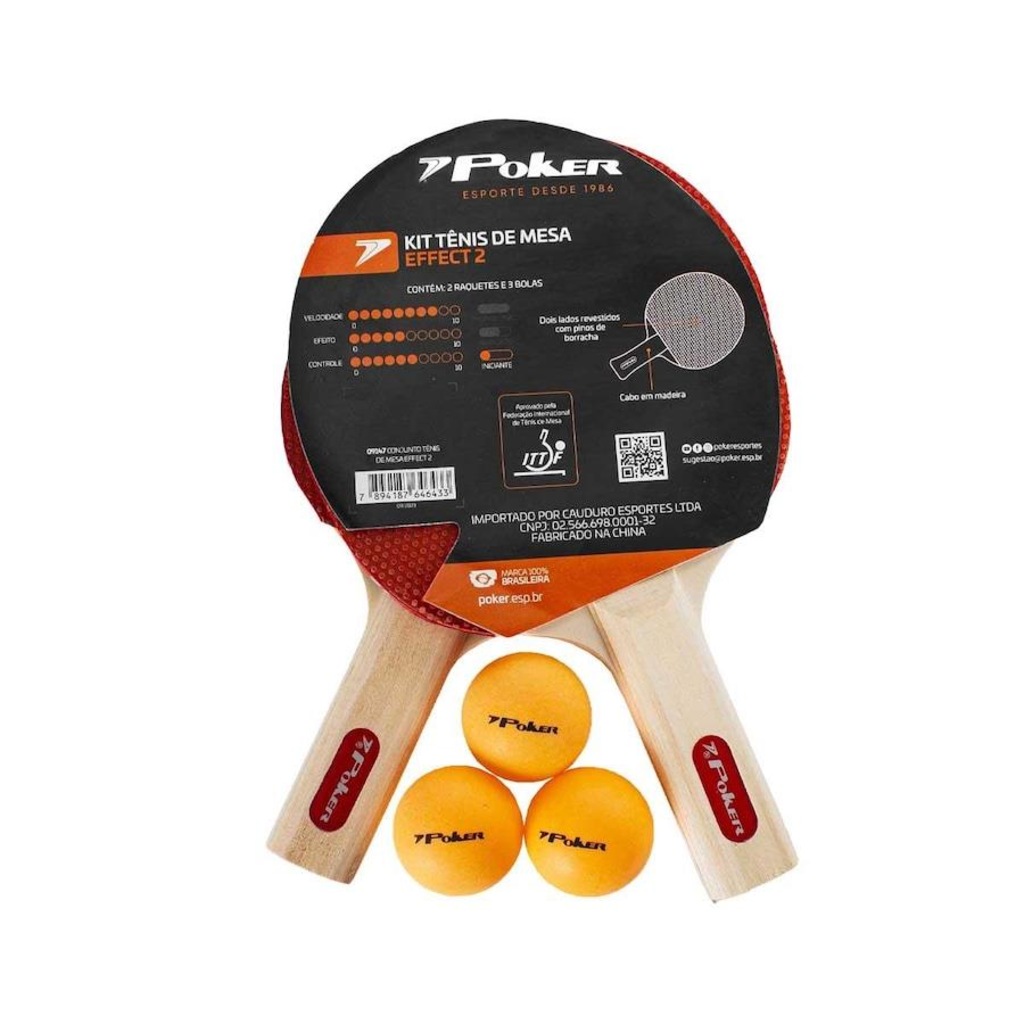 Kit Tênis de Mesa Effect II Poker com 2 Raquetes + 3 Bolas