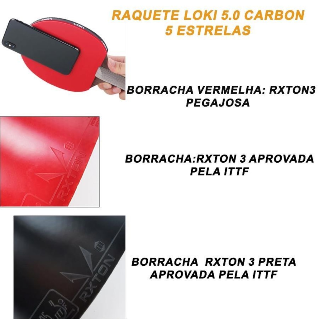 Imagem 4 do produto Raquete de Tênis de Mesa Loki Rxton 5.0 Star Carbon