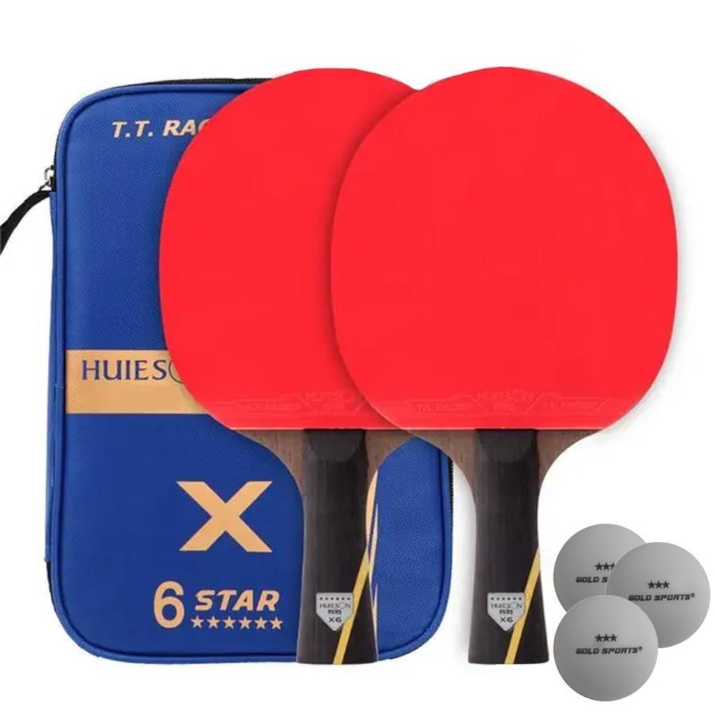 Imagem 2 do produto Kit Tênis de Mesa Huieson Carbon - 2 Raquetes 6 Star + Bolsa + 3 Bolas Gold Sports 3 Star