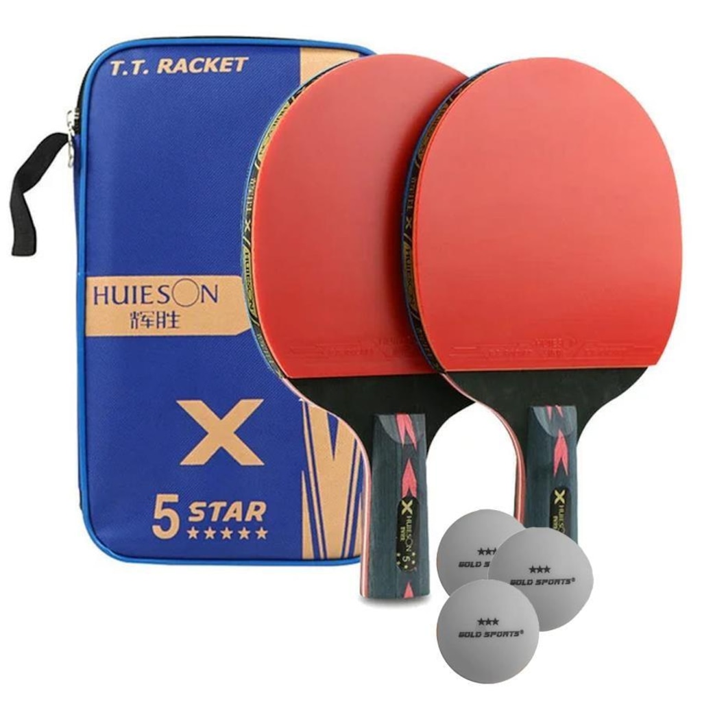 Imagem 2 do produto Kit Tênis de Mesa Huieson Carbon - 2 Raquetes Cabo Caneta 5 Star + Bolsa + 3 Bolas Gold Sports 3 Star