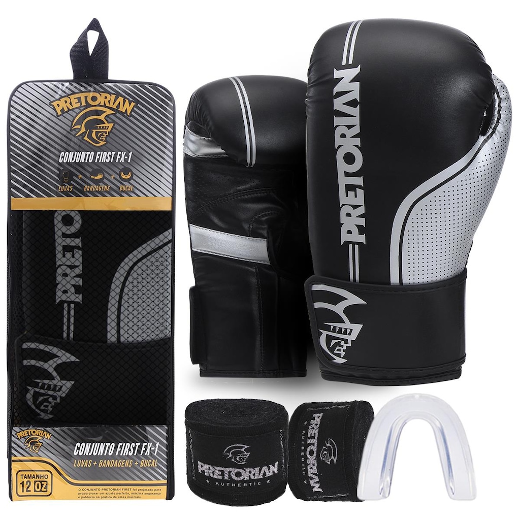 Kit de Luvas de Boxe e Muay Thai First Fx1 Pretorian + Bandagem + Bucal