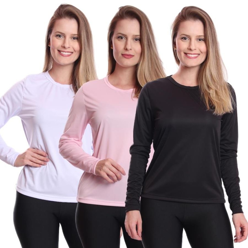 Kit 3 Camisetas Manga Longa  Dellas Fit Proteção Térmica Solar Uv Dry Fit Segunda Pele - Feminina