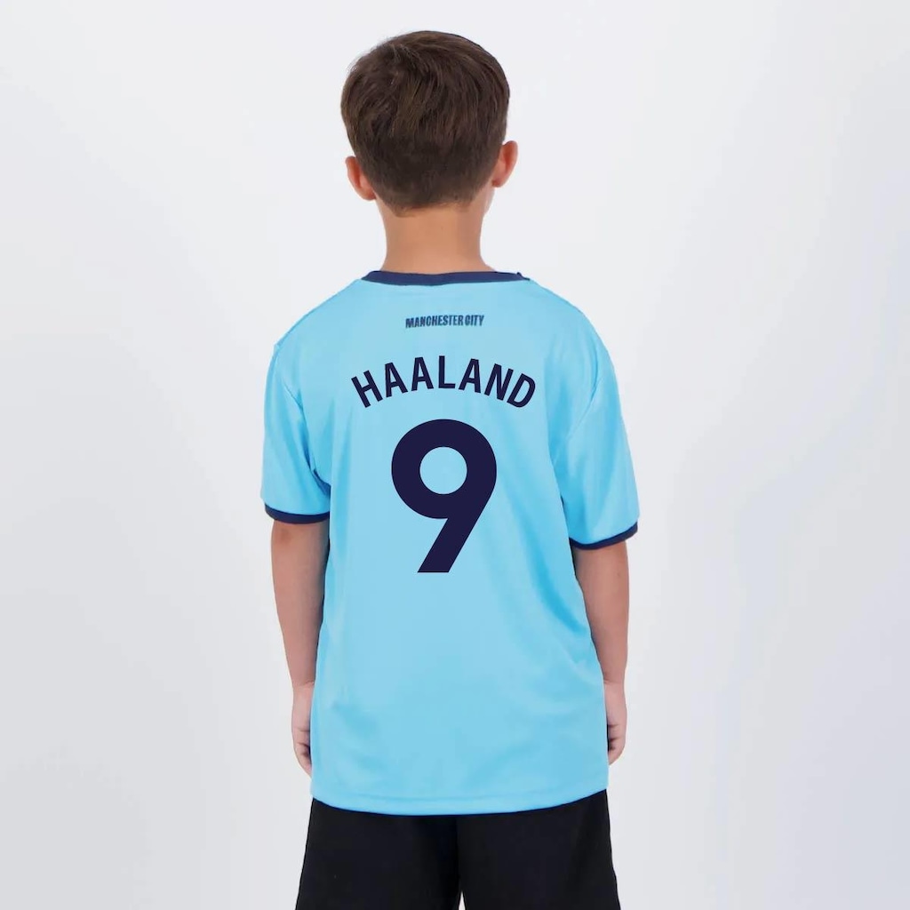 Camisa Manchester City Haaland 9 Maine Infantil Azul