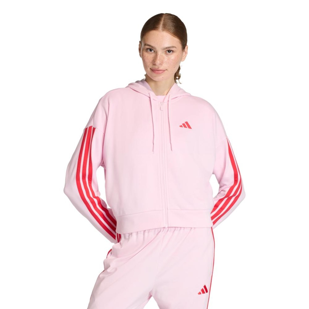 Jaqueta de Moletinho Capuz aidas Zíper Essentials Três Listras - Feminina